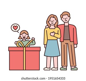 A girl unpacking a big gift box and her parents watching it. Parents and happy children giving gifts to children on Children's Day. flat design style minimal vector illustration.