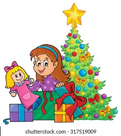 Girl unpacking Christmas gifts theme 1 - eps10 vector illustration.