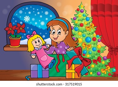 Girl unpacking Christmas gifts theme 2 - eps10 vector illustration.