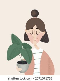 A girl with an unusual hairstyle stands and holds a flowerpot in her hands. Home flower lover, monstera, plant.