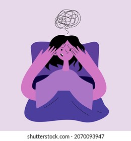 The girl is upset and angry because her thoughts do not allow her to fall asleep. Insomnia due to obsessive thoughts. Flat purple vector illustration 