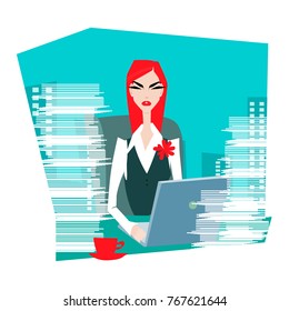 the girl is upset, angry, a lot of work. Vector illustration