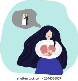 The girl is upset because her boyfriend married someone else and cheated on her vector illustration. woman cry, her heart is broken