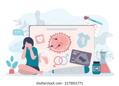 Girl upset because of unsuccessful attempt to conceive child. Crying woman with wish card. Female character got negative pregnancy test result. Girl wants to get pregnant. Flat vector illustration