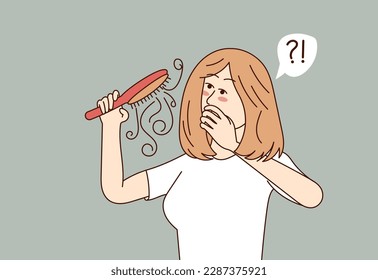 The girl is upset, she has hair loss on her head. Frustrated woman is sick with hair loss and needs medical help. Vector flat illustration about people