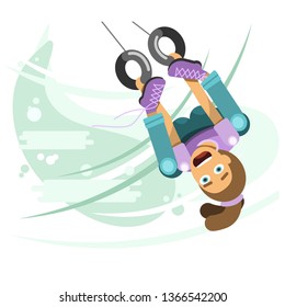 Girl upside down swinging on the simulator.  Lot of emotions. Fear, surprise, adrenaline. Extreme and dangerous games in yard. School activities, physical education, sports, gymnastics. Vector. Flat