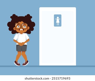 
Girl Urging to Pee Next to Toilet Door Vector Illustration. Stressed child in urgent need to go to the bathroom
