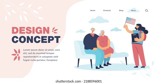 Girl with USA flag talking with elder couple outdoor. Happy woman discussing about Independence Day in park flat vector illustration. Celebration concept for banner, website design or landing web