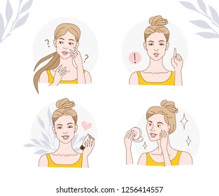 Girl use cream to solve skin problems. Line style vector illustration isolated on white background.