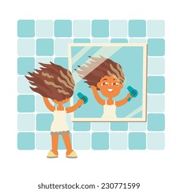 girl use hairdryer in bathroom and look on your self in a mirror, cartoon flat style vector illustration.