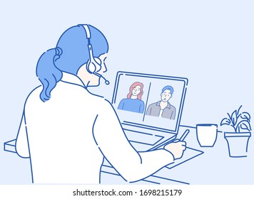 A girl use laptop computer and video call with partner. she work from home because infection control coronavirus. Hand drawn thin line style, vector illustrations.