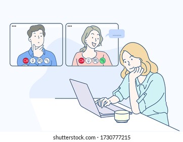 A girl use laptop computer and video call with partner. she work from home because infection control virus covid-19. Hand drawn thin line style, vector illustrations.