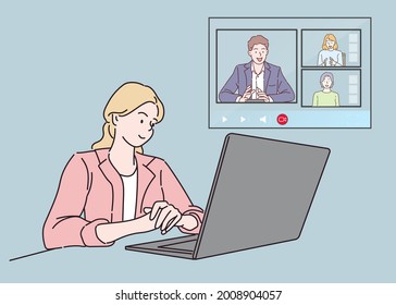 A girl use laptop computer and video call with partner. she work from home because infection control coronavirus. Hand drawn thin line style, vector illustrations.