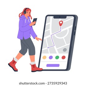 Girl use map application. Online city urban map app, woman search location with gps position marker flat vector illustration. Mobile navigation app on smartphone screen