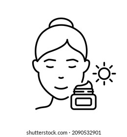 Girl Use Sunscreen, Sun Block Cream Outline Icon. Woman And Moisturizing Day Cream For Skin Line Icon. Protection Skin Of UV Rays. Editable Stroke. Isolated Vector Illustration.