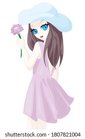 Girl used blue hat summer, pink dress and hold on the pink flower in her left hand