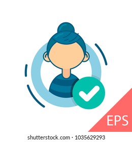Girl. User authorized vector illustration design element. Account verified icon. Checked verified profile symbol. User accepted.