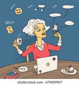 Girl User With Computer In Cafe Vector Illustration