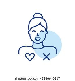 Girl user of dating app with match or miss symbols. Finding romantic partner online. Pixel perfect, editable stroke icon