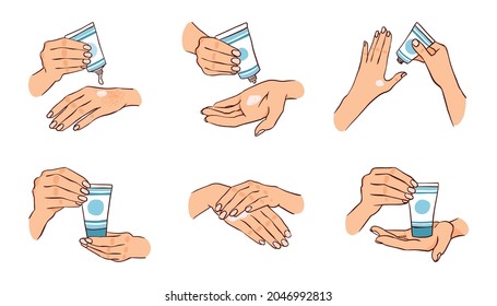 The girl uses a cream for dry hands. Vector set with hands holding a tube of cream. Body care. Vector hand drawn illustration.