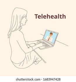 Girl uses distance medicine laptop, telehealth. Remote provision of medical advice. Fast-growing healthcare segment. Use artificial intelligence and machine learning for diagnostics.