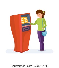 The girl uses the financial services of the bank terminal for her personal purposes in cartoon style. Vector illustration isolated people cartoon style