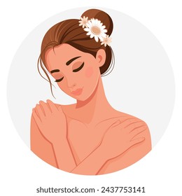 A girl uses her hands to relieve pain in the neck and shoulder area.Self-massage to relieve fatigue and tension. Concept of health and medicine. Vector. Round background