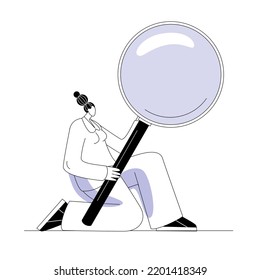 The girl uses a magnifying glass to search for the necessary information. Vector illustration in a flat style on the topic of information search.