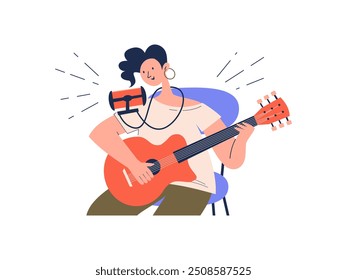 Girl uses a neck phone holder and plays the guitar. Vector concept illustration.