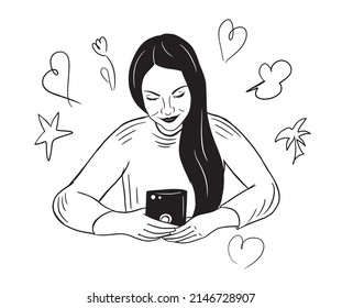 Girl uses a smartphone. The girl is holding a gadget. Pastime in social networks.Vector illustration.