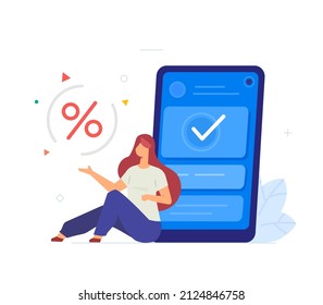 girl uses smartphone on favorable terms. Mobile earnings, investments, charts, mining. Flat illustration Icons infographics. Landing page site print poster.