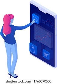 Girl uses smartphone read social networks isometric illustration. Stylish woman monitors latest news about fashion products convenient web application infographics vector reviews purchases.