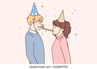 Girl uses tongue whistle to wish boyfriend happy birthday during birthday party for school or college friends. Pleased teenage boy and girl looking at each other. Flat vector illustration