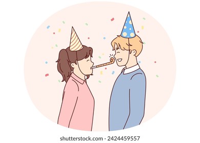Girl uses tongue whistle to wish boyfriend happy birthday during birthday party for school or college friends. Pleased teenage boy and girl looking at each other. Flat vector illustration