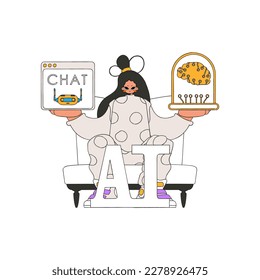 Girl using AI in her hands, shown via vector illustration.