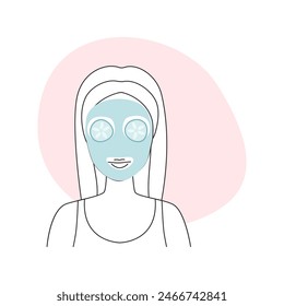 Girl using alginate mask for face skin and cucumbers circles on eyes line icon vector illustration