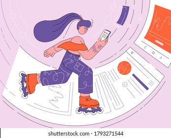 La chica está usando la aplicación. Ilustración lineal vectorial mínima con una chica de rodillo. Ilustración de un sitio web. Mujeres trabajando con teléfono. Viajes, estilo de vida, blogger de finanzas.