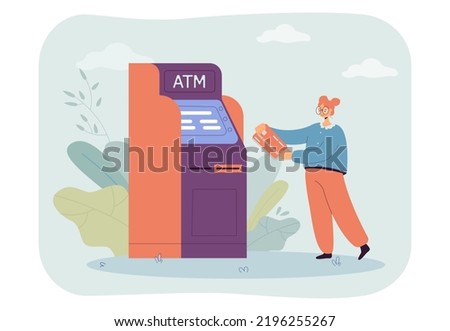 Girl using ATM machine flat vector illustration. Female character withdrawing cash from credit card. Finance, transaction, currency, payment concept for banner, website design or landing web page