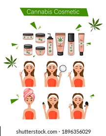 Girl using cannabic cosmetics. Cartoon style. Vector illustration