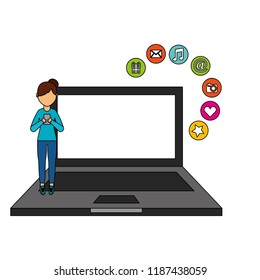 girl using cellphone standing on laptop social media