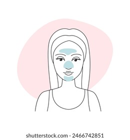 Girl using cleansing strips for pores on face skin line icon vector illustration