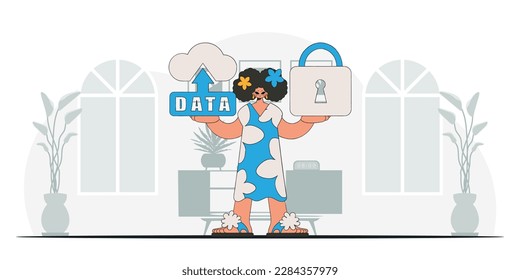Girl using cloud storage, padlock in hand, modern vector character style.