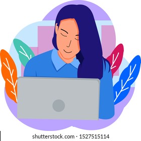 Girl using computer flat illustration