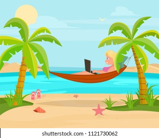 Girl using a computer on an exotic beach