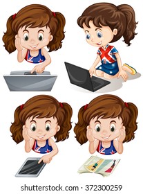 Niña que usa la ilustración de la computadora y la tablet