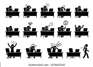 Girl using computer with various poses, actions, feelings, and emotions. Artworks depict woman working on a desk with a laptop with different reactions.