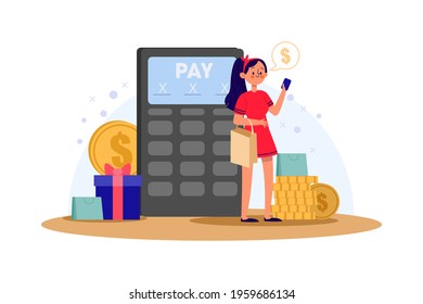 Girl Using Credit Card. Financial Illustration concept. Flat illustration isolated on white background.