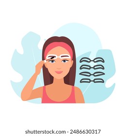 Girl using different eyebrow stencils to draw brown brow with brush vector illustration
