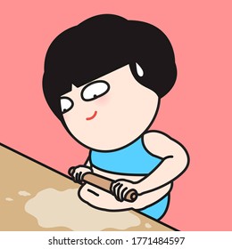 A Girl Using Dough Roller To Roll Out Her Own Fat Belly Concept Card Character illustration