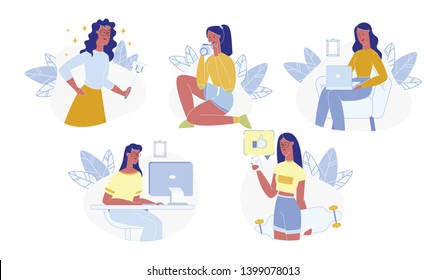 Girl Using Gadgets Set Isolated on White Background. Woman Making Selfie and Photo, Working on Computer, Laptop, Communicating in Social Media Networks by Smartphone, Cartoon Flat Vector Illustration